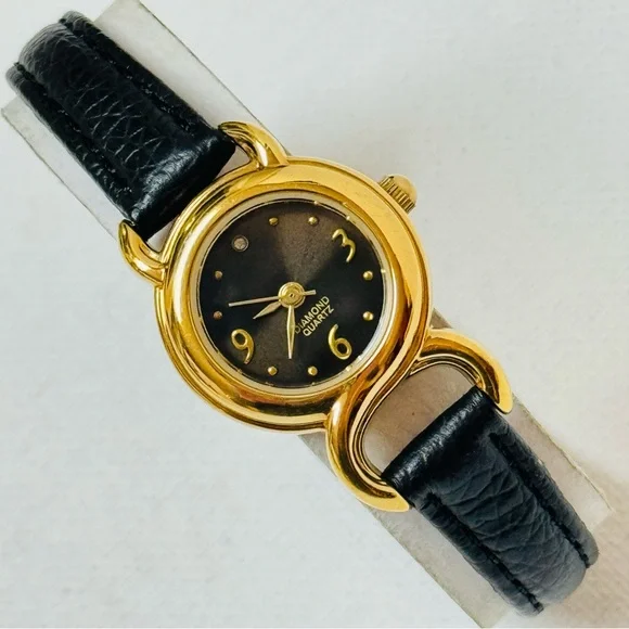 Avon Diamond Small Face Women's Watch Gold Black Dial Leather 2007 F313928-1/P - Picture 1 of 14